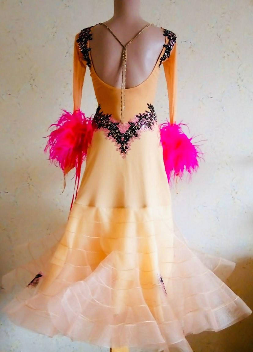 Beige Standard Ballroom Dress with Crinoline (ballroom dresses for sale, standard, modern, smooth) - DDressing