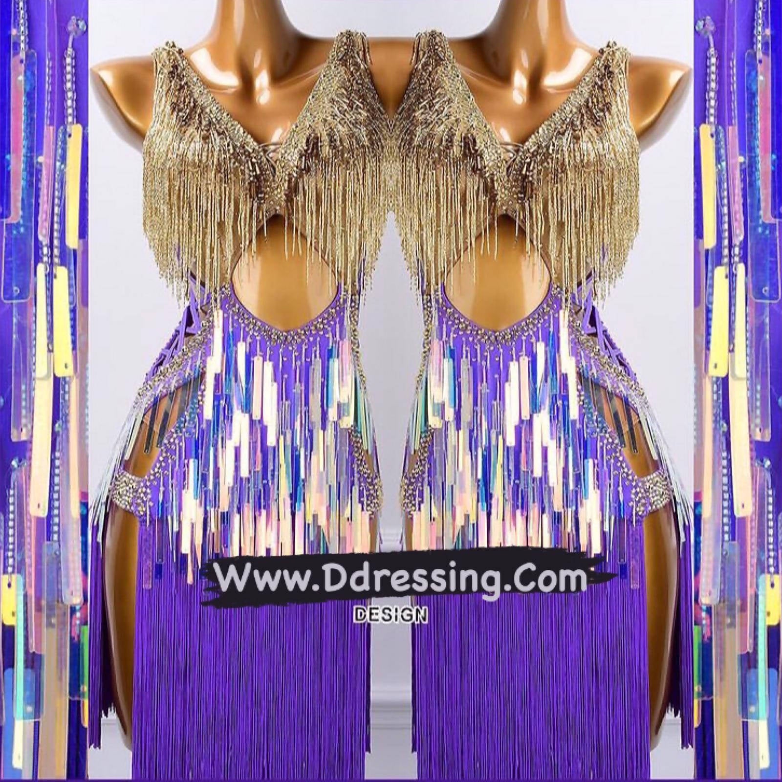 Custom Made Purple & Gold Latin Dress (ballroom dresses for sale, latin, dancesport, rhythm)