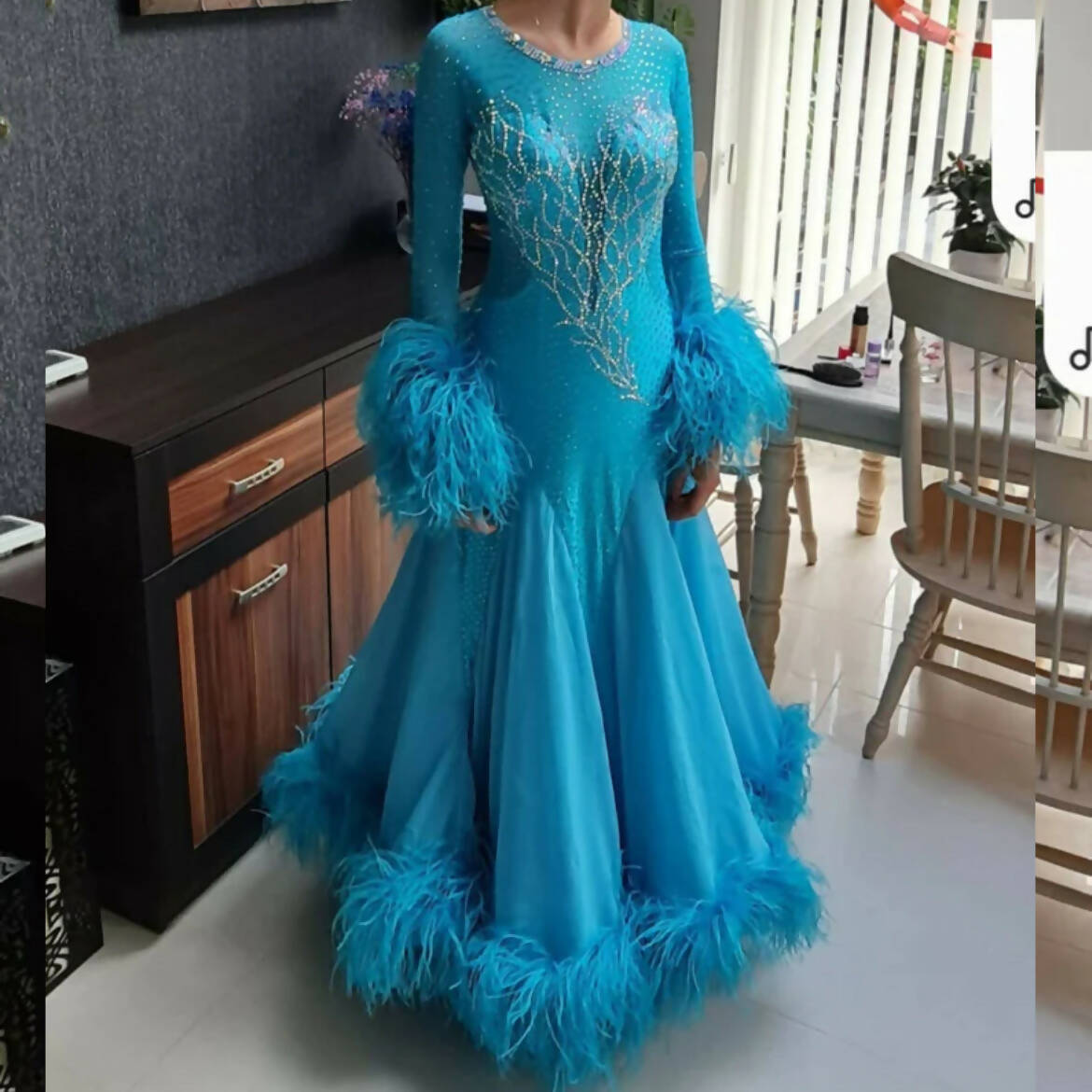 Blue Sparkling Crystal Heart Design Dress for Standard, Smooth, Ballroom