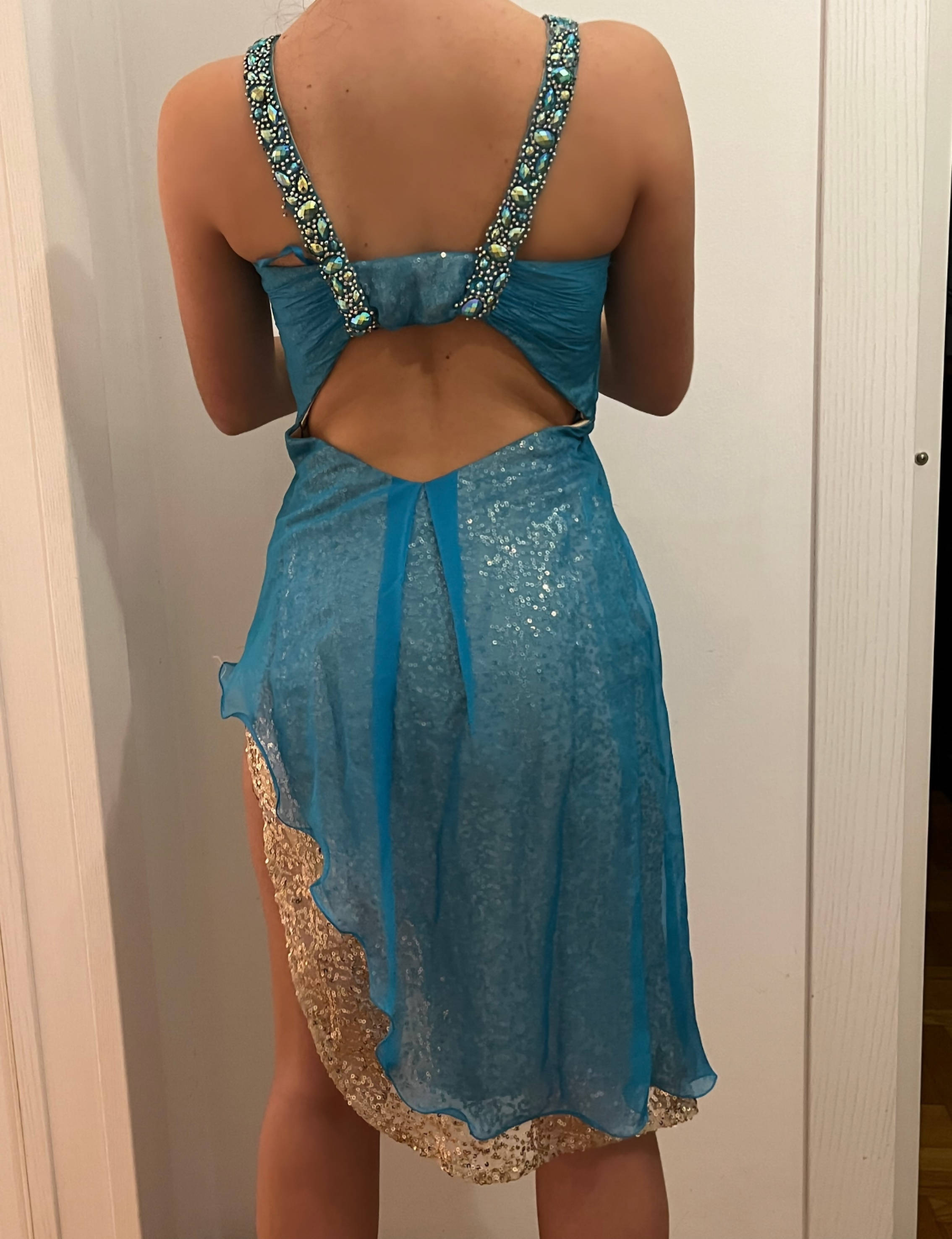 Light Blue & Gold Latin Dress (ballroom dress for sale, latin, dancesport, rhythm)