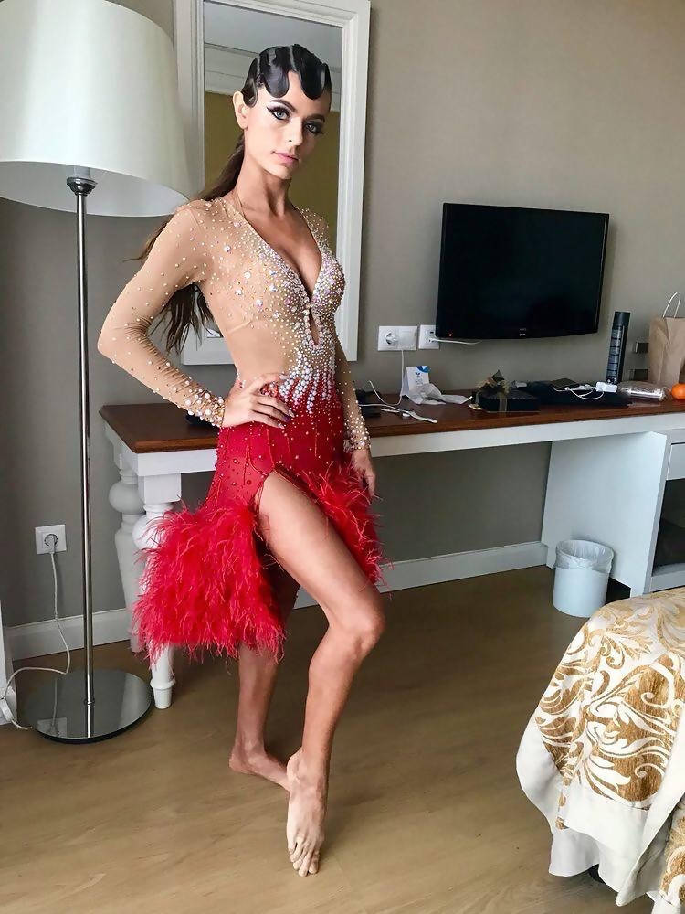 Beige & Red Latin Dress with Feathers (latin dresses for sale, ballroom dress for sale, dancesport)