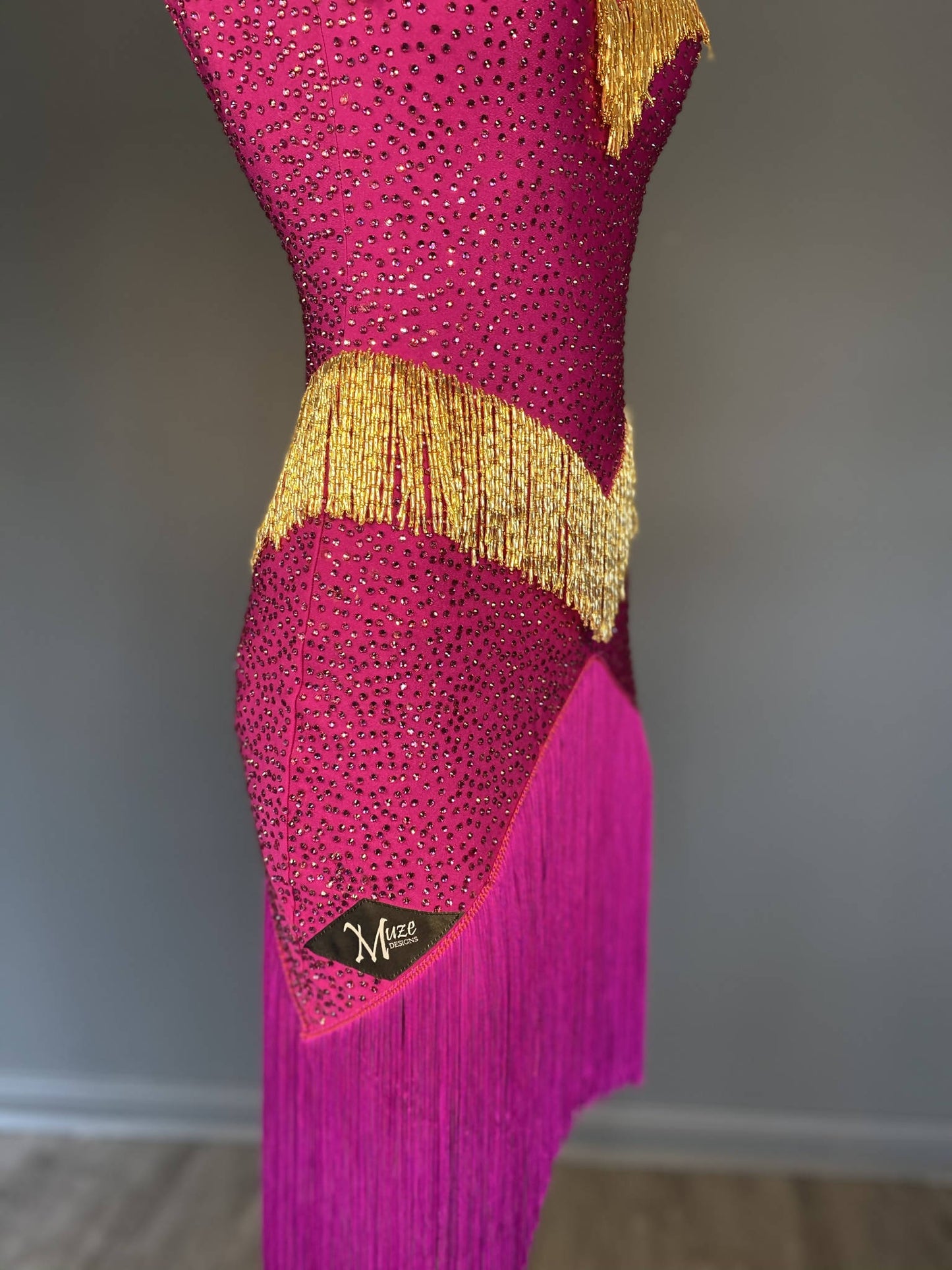 New Fully Stoned Fuchsia & Gold Latin DressDance Dressing