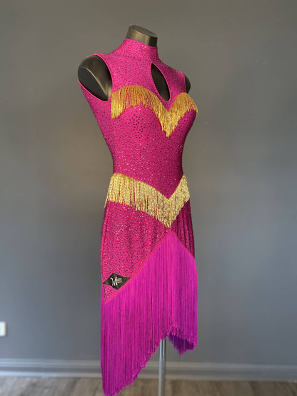 New Fully Stoned Fuchsia & Gold Latin DressDance Dressing