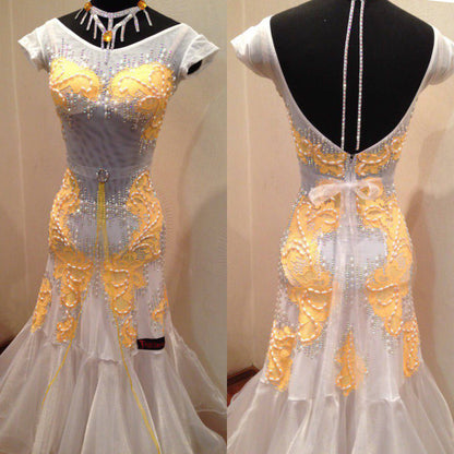 White & Yellow Standard Dress with Pearls