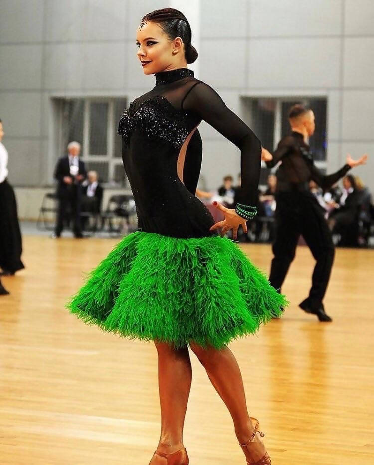 Black & Green Latin Dress with Feathers