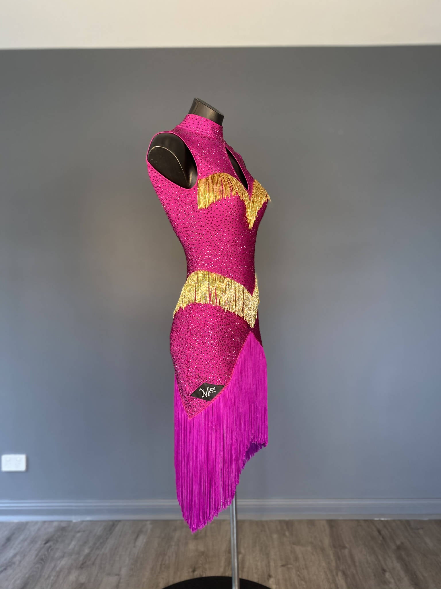 New Fully Stoned Fuchsia & Gold Latin DressDance Dressing