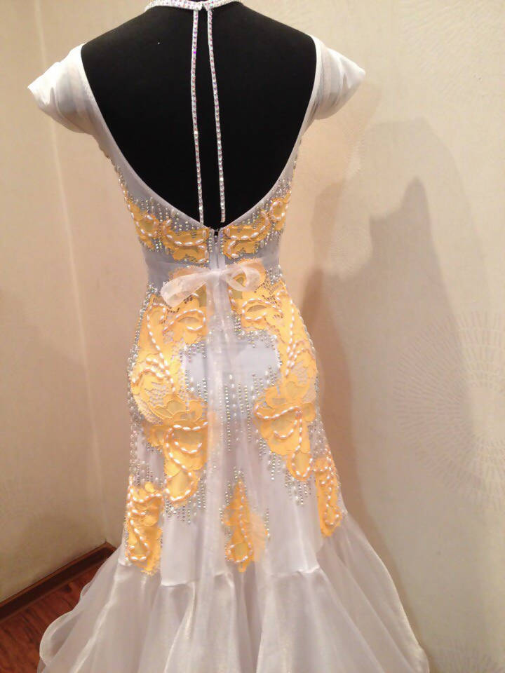 White & Yellow Standard Ballroom Dress with Pearls (ballroom dresses for sale, standard, modern)