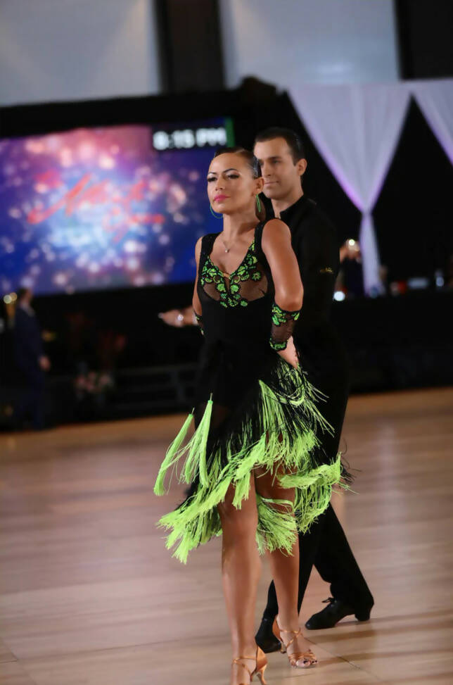 Stunning Black & Neon Green Latin Dress for Shows & Competition,rhythm dresses for sale, latin