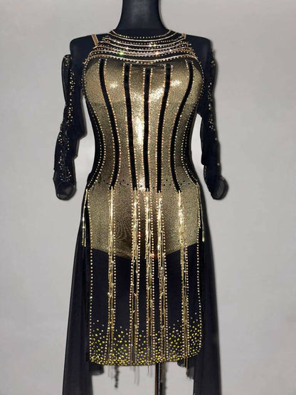 Beaded Elegance Black & Gold Latin Dress, latin dress for sale, rhythm dresses, latin dresses for sale, dance dress, competiton dress, dress by Neda Design