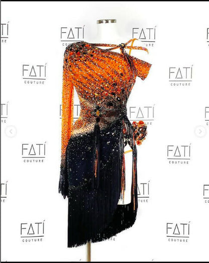 Stunning Heavily Stoned Black and Orange Fati Dress, latin dress for sale, rhythm dresses