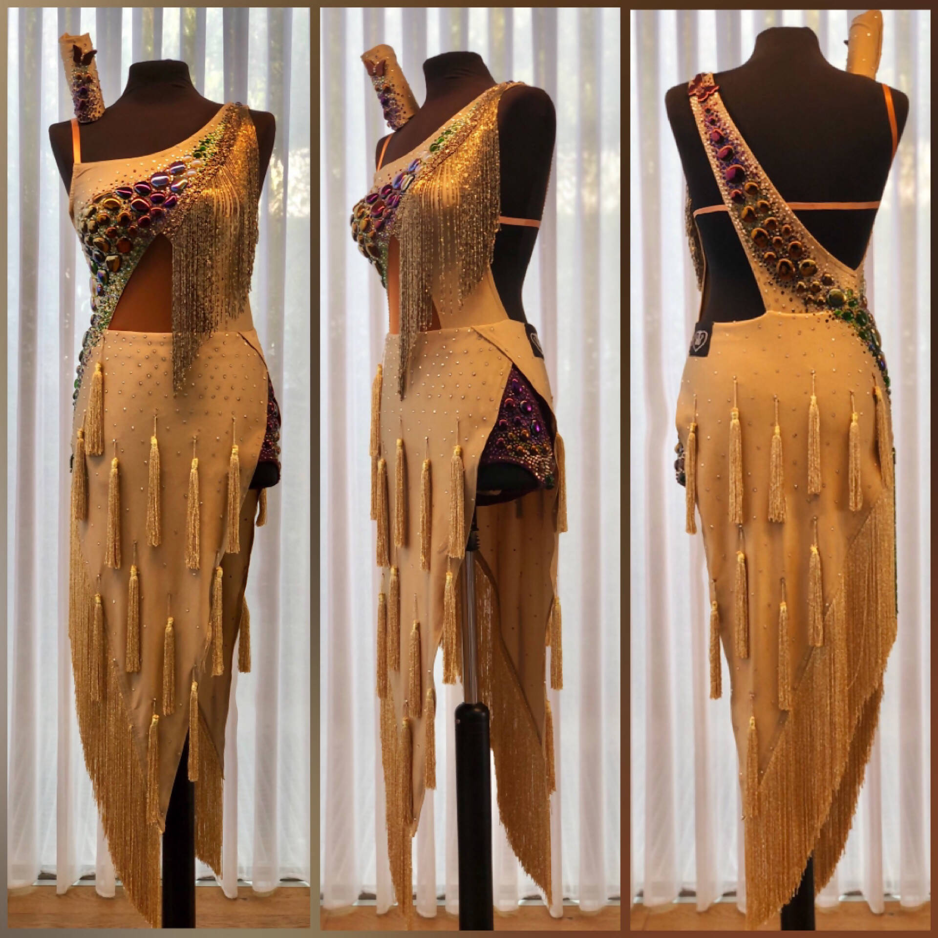 Gold Latin Dress with Fringe (ballroom dresses for sale, latin dress for sale, dancesport, rhythm) - DDressing