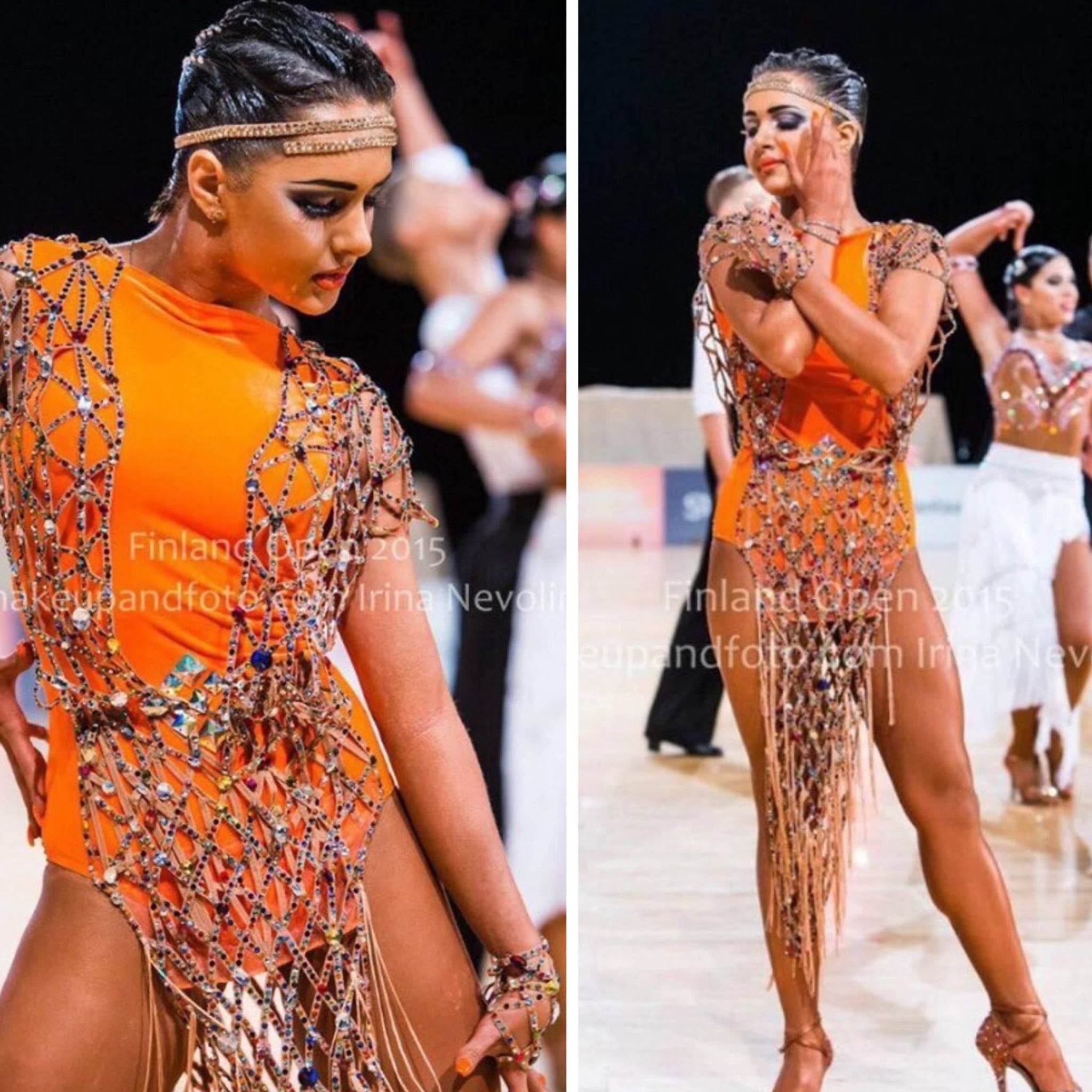 Orange Latin Dress with Crystal Net (ballroom dresses for sale, latin, dancesport, rhythm) - DDressing