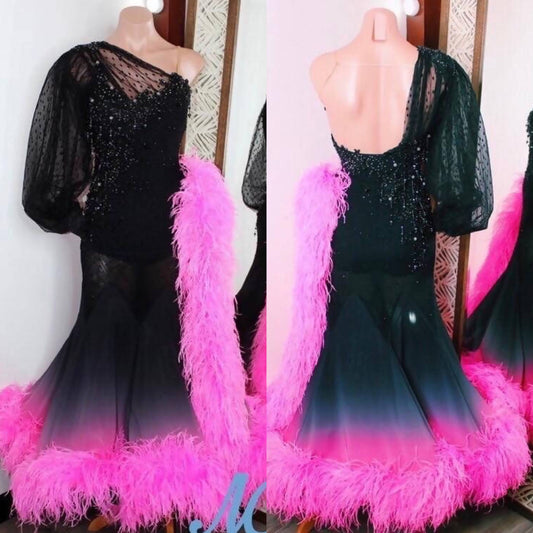 New Black & Pink Ballroom Dress with Feathers