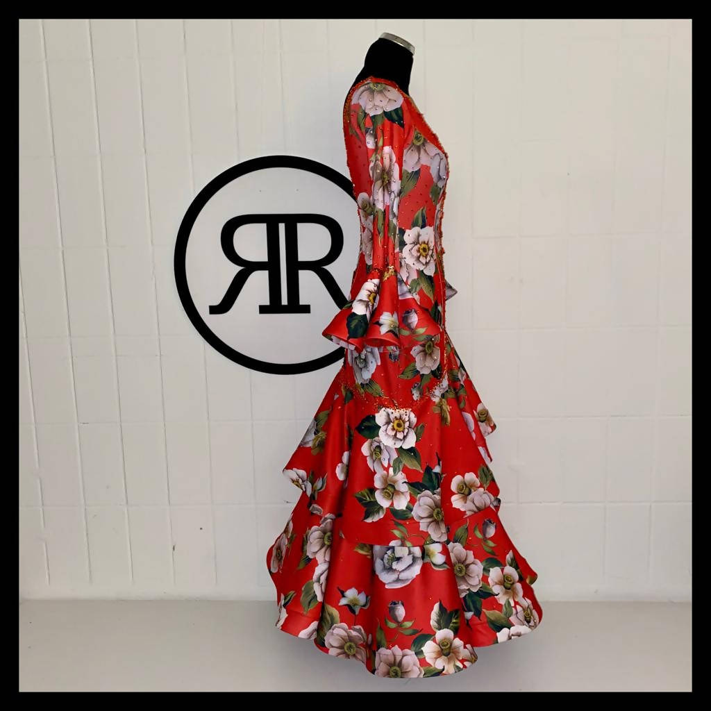 Red Floral Print Standard Ballroom Dress (ballroom dress for sale, standard, modern, smooth)