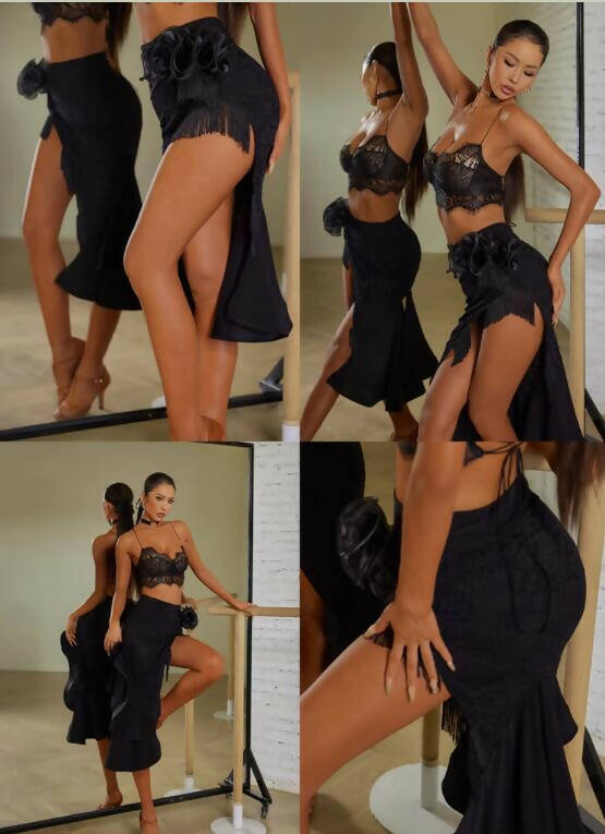Latin Dance practice wear, black lace top and  sexy practice skirt