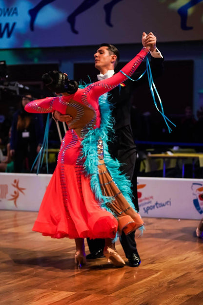 Orange Ballroom Dress with Blue FeathersDance Dressing