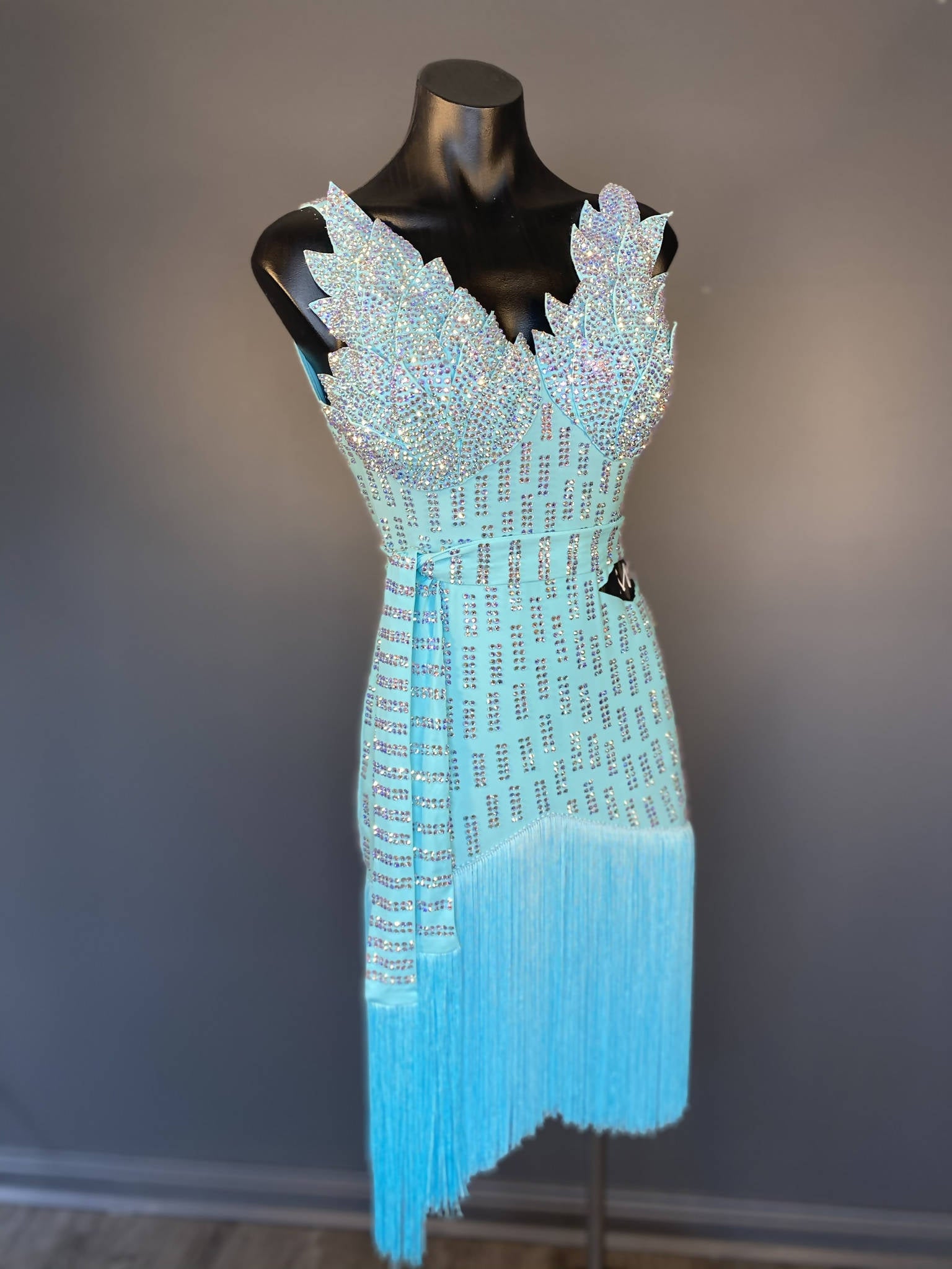 New Fully Stoned Blue Latin Dress (ballroom dresses for sale, latin, dancesport, rhythm)