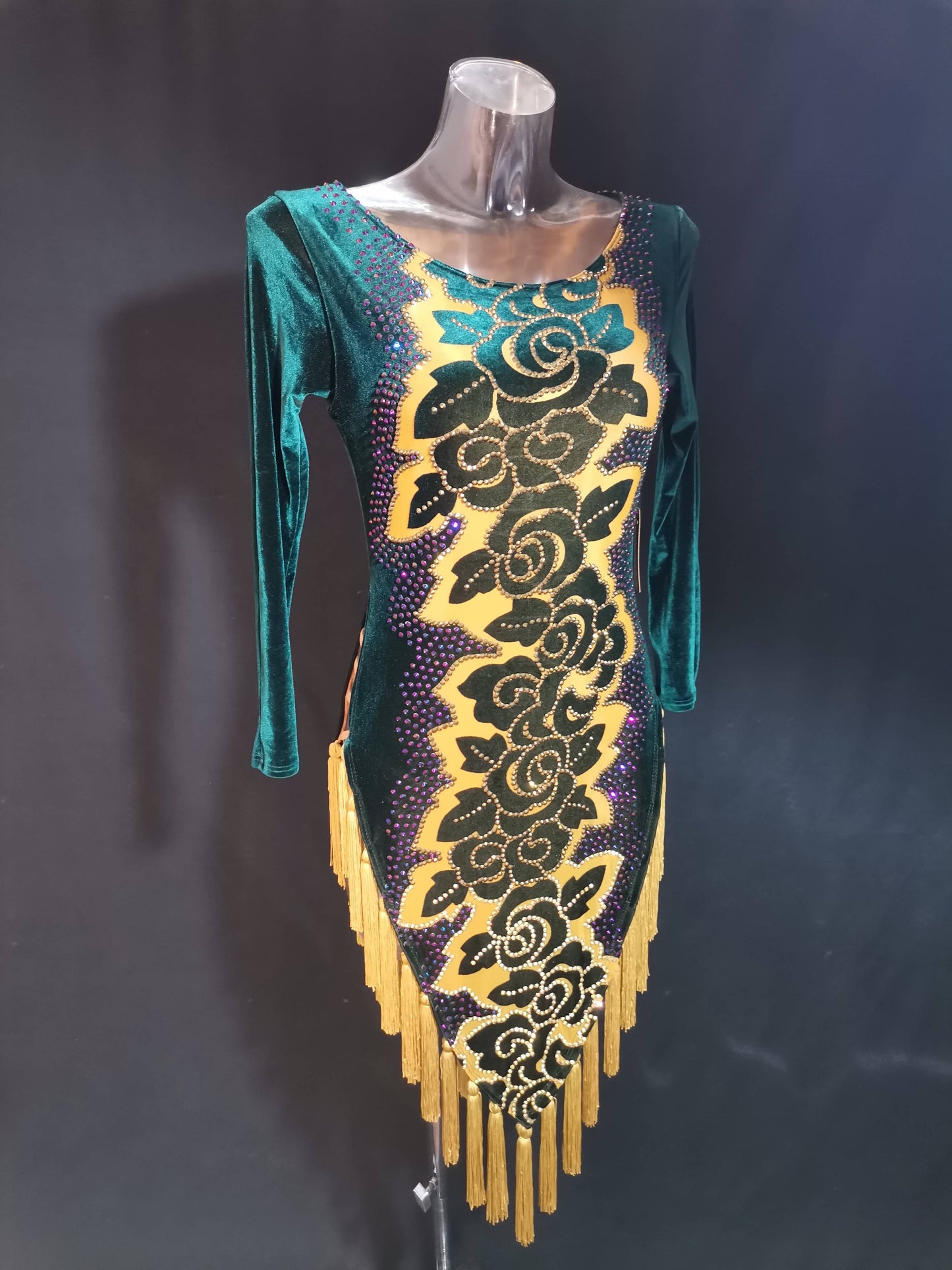 Green Velvet Latin Dress (latin dress for sale, dancesport, rhythm)