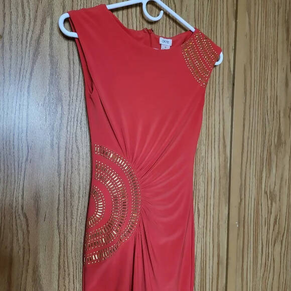 Bright Coral Latin Dress with Gold Embelishments, latin dress for sale, rhythm dress, latin dresses for sale, dress dance, competition dress
