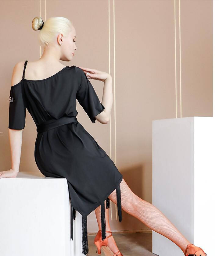 Short Sleeve Black Dress with Fringe | 499