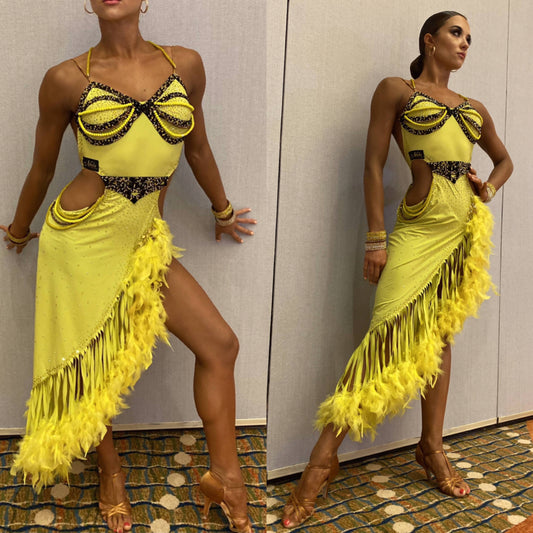 Yellow Latin Dress with Feathers
