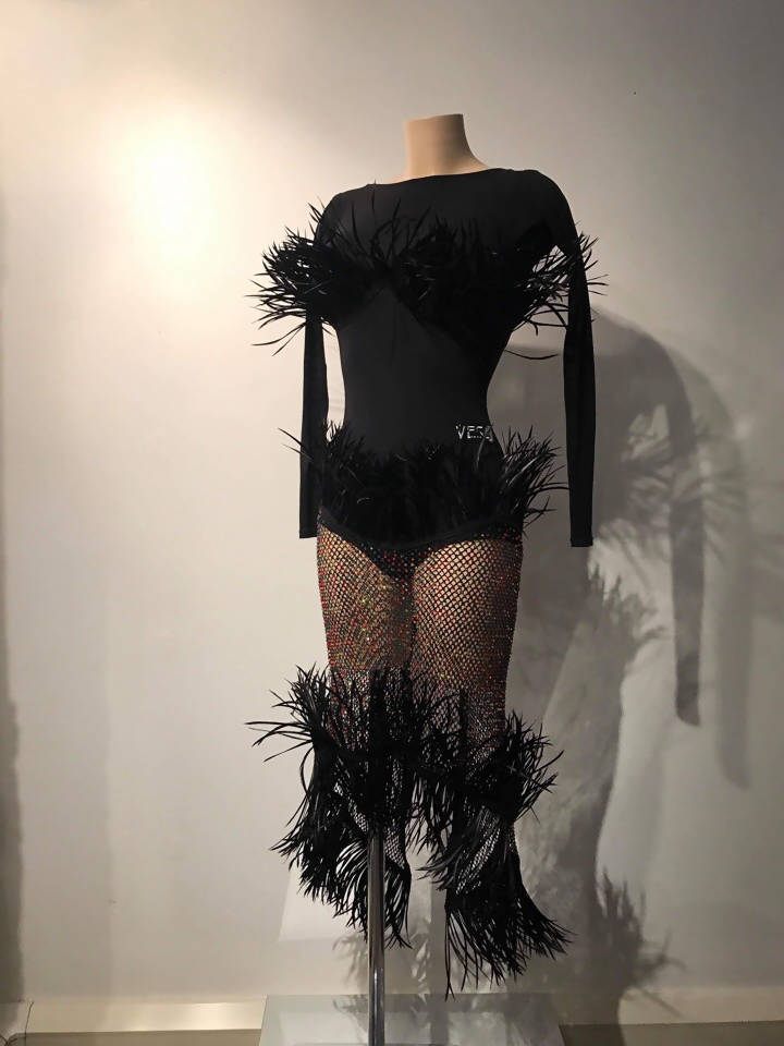 Black Vesa Latin Dress With Feathers (ballroom dresses for sale, latin, dancesport, rhythm)