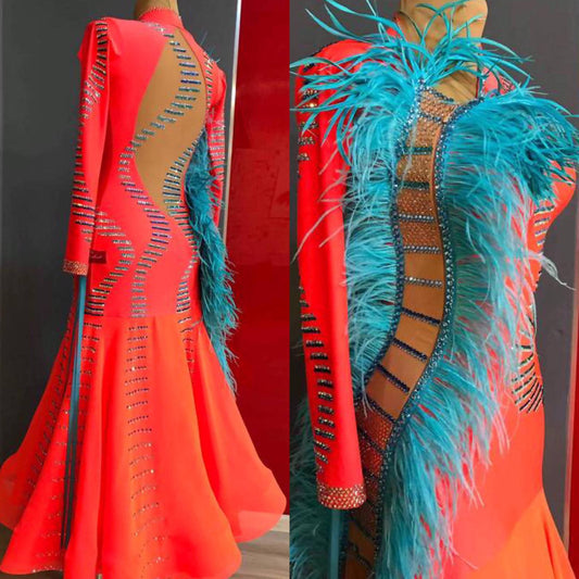 Orange Standard Ballroom Dress with Blue Feathers (ballroom dresses for sale, standard, modern)