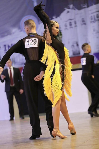 Melnikoffs Black Latin Dress with Yellow Fringe