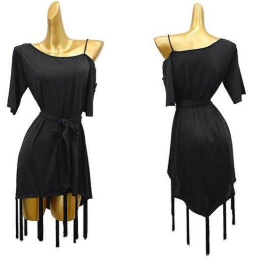 Practice Short Sleeve Black Latin Dancewear Dress with Fringe (dancewear, dance practice, latin) 499