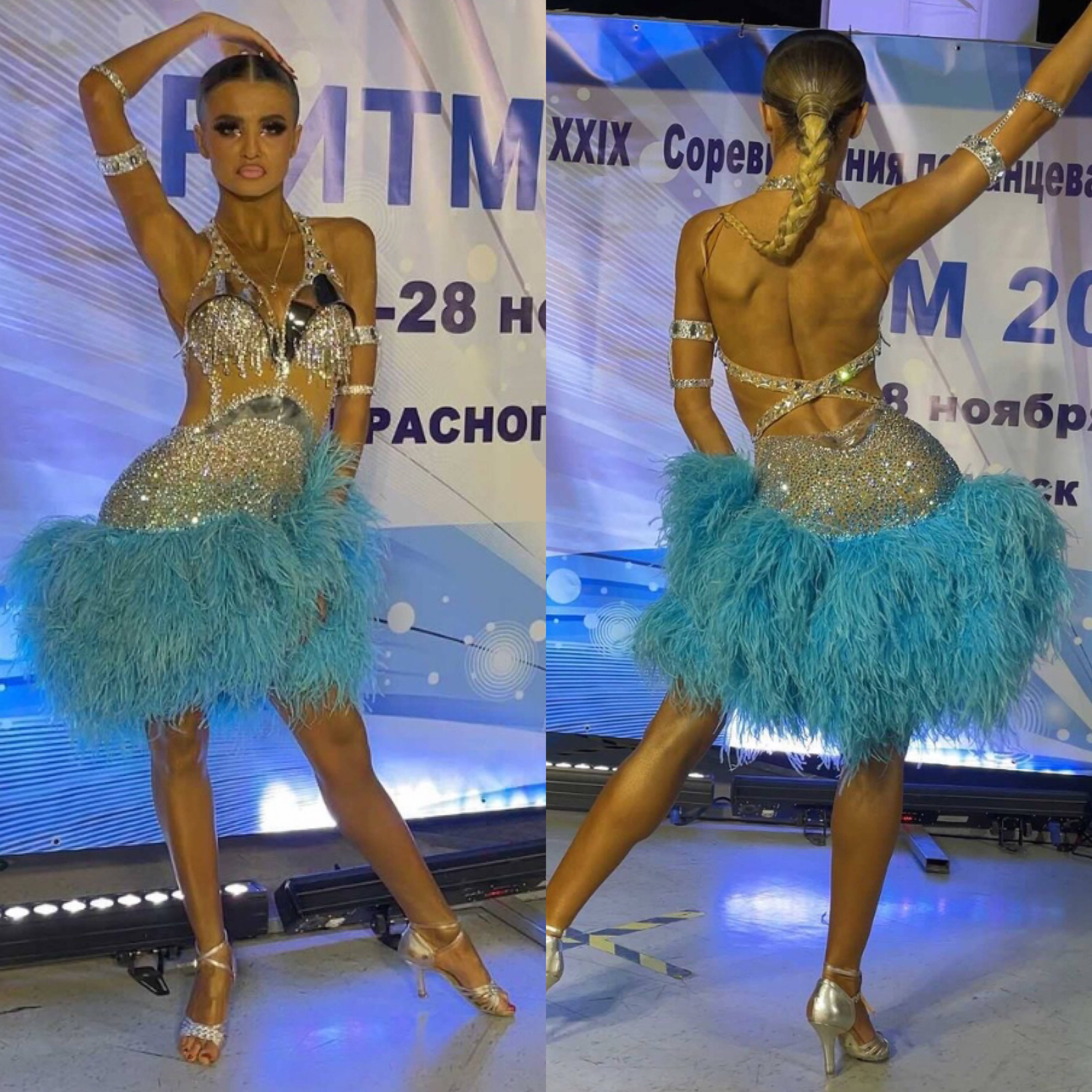 Alimova Silver & Blue Latin Dress (ballroom dresses for sale, latin, dancesport, rhythm)