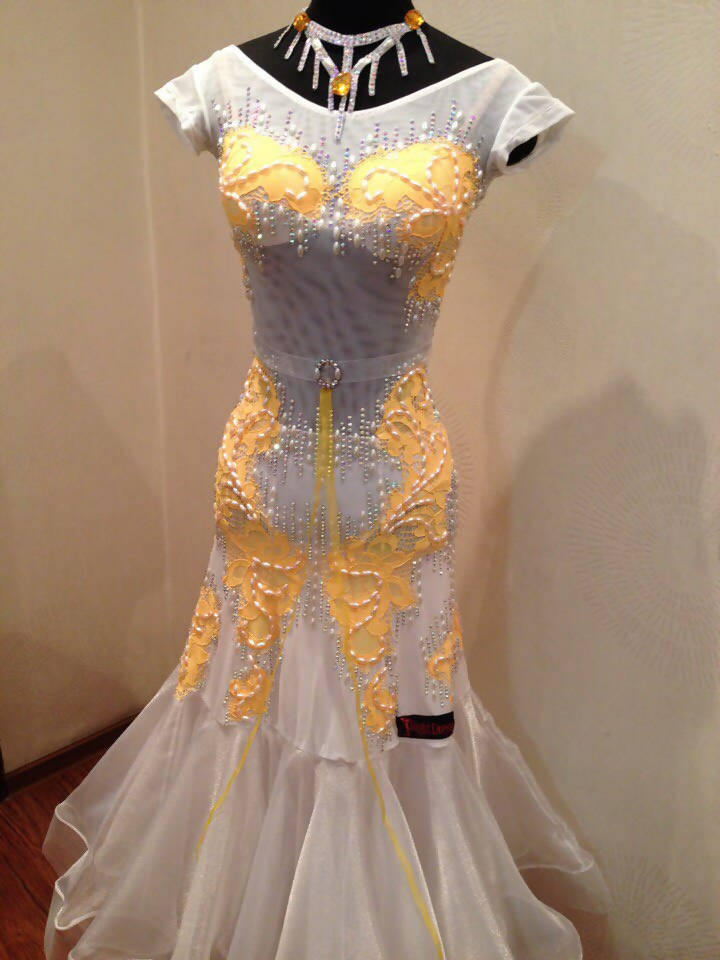 White & Yellow Standard Ballroom Dress with Pearls (ballroom dresses for sale, standard, modern)