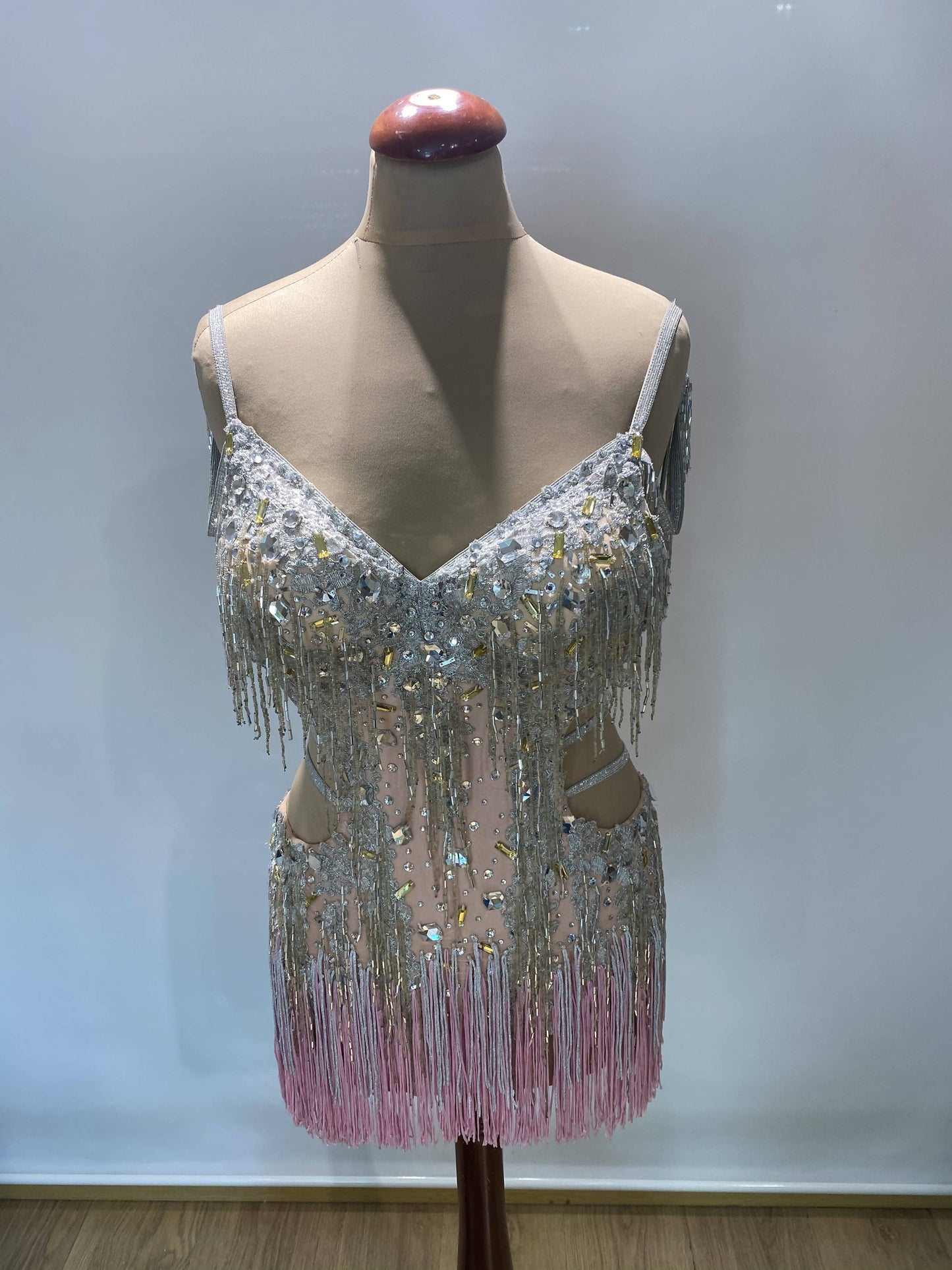 Silver & Pink Latin Dress with Fringe