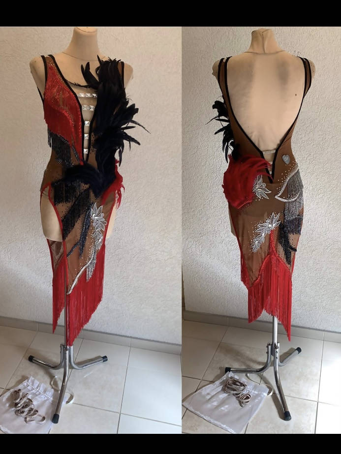 Red Latin Dress with Black Feathers (latin dress for sale, latin, dancesport, rhythm)