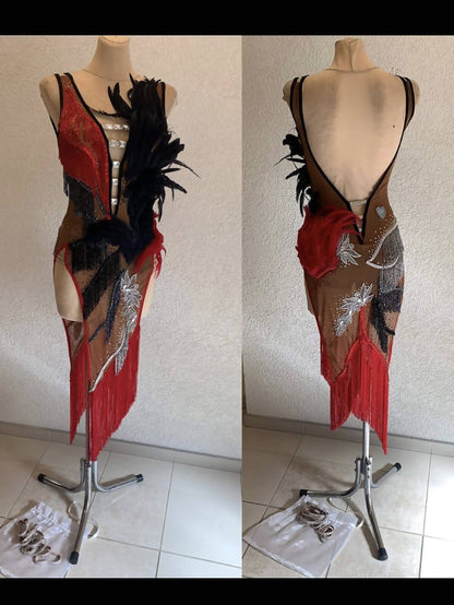 Red Latin Dress with Black Feathers