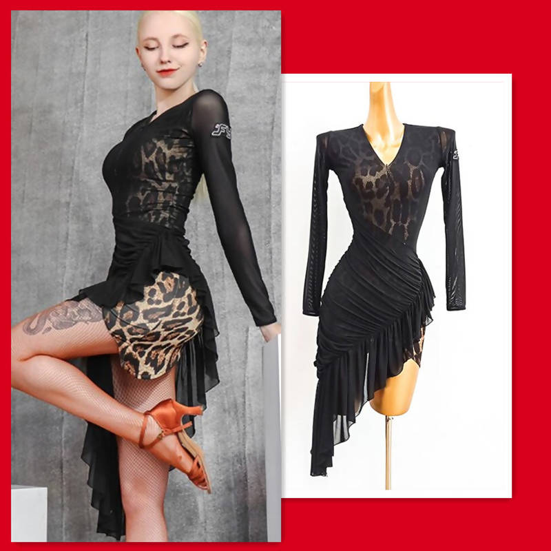 Practice Asymmetric Black Leopard Latin Dancewear Dress (dancewear, dance practice, latin) 667