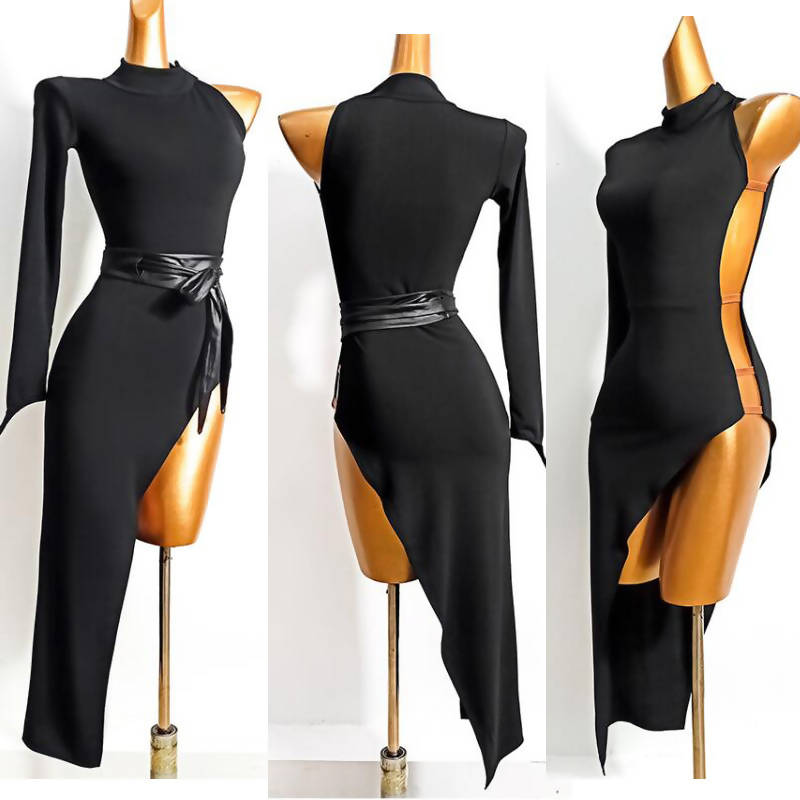 Practice One Sleeve Black Latin Dancewear Dress (dancewear, dance practice wear, latin dresses)637