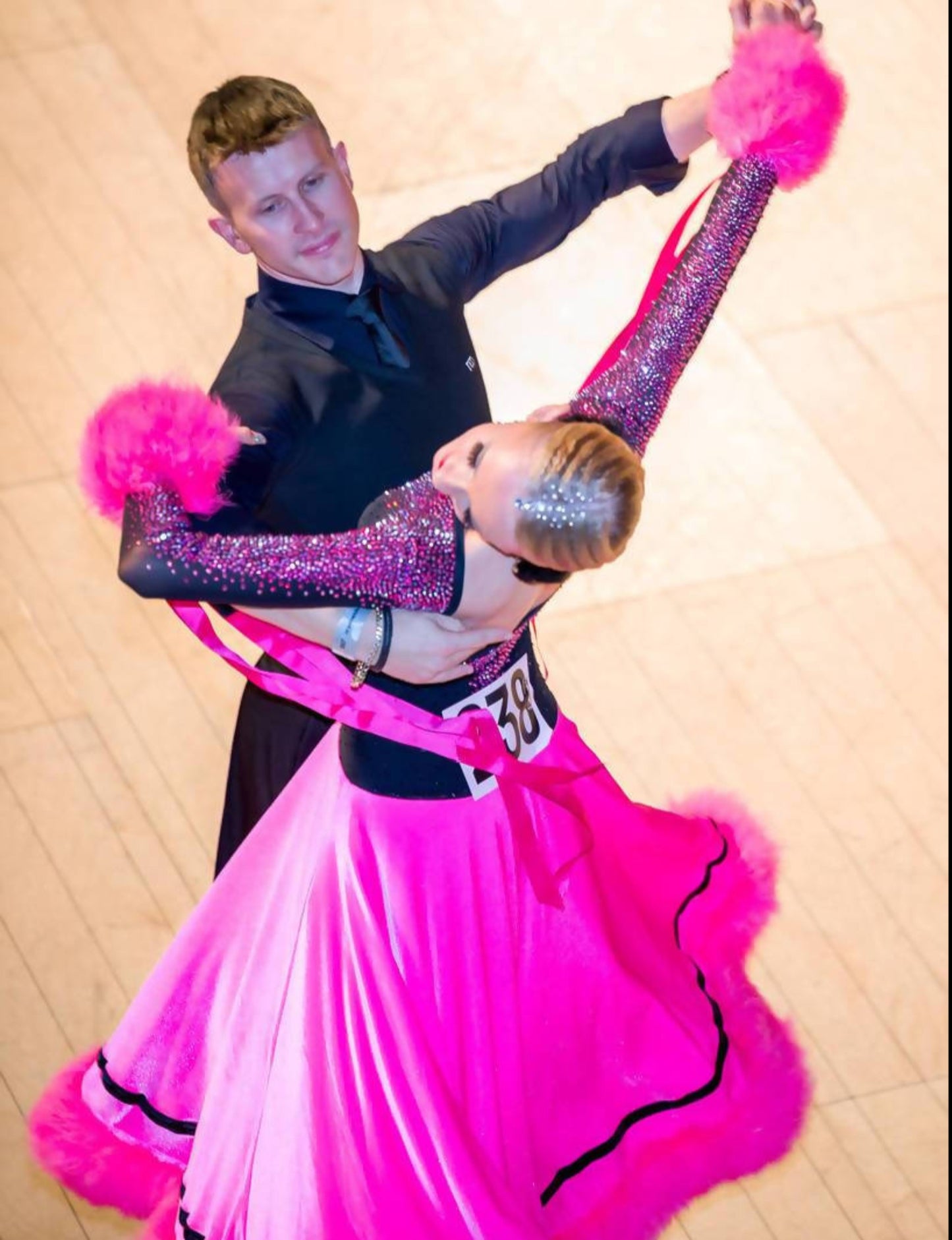 Pink & Black Standard Ballroom Dress with Feathers (ballroom dresses for sale, standard, modern)