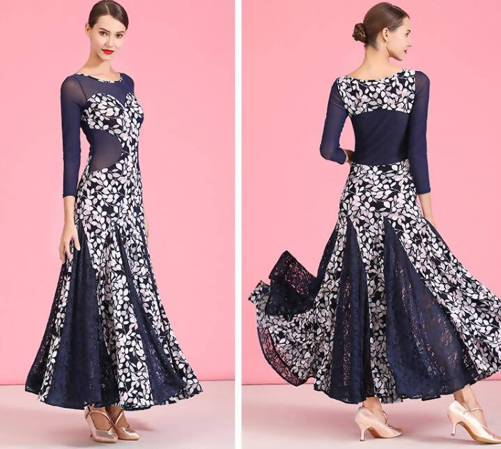 Blue & Floral Print Standard Ballroom Dancewear Dress (dancewear, standard dress) 1879