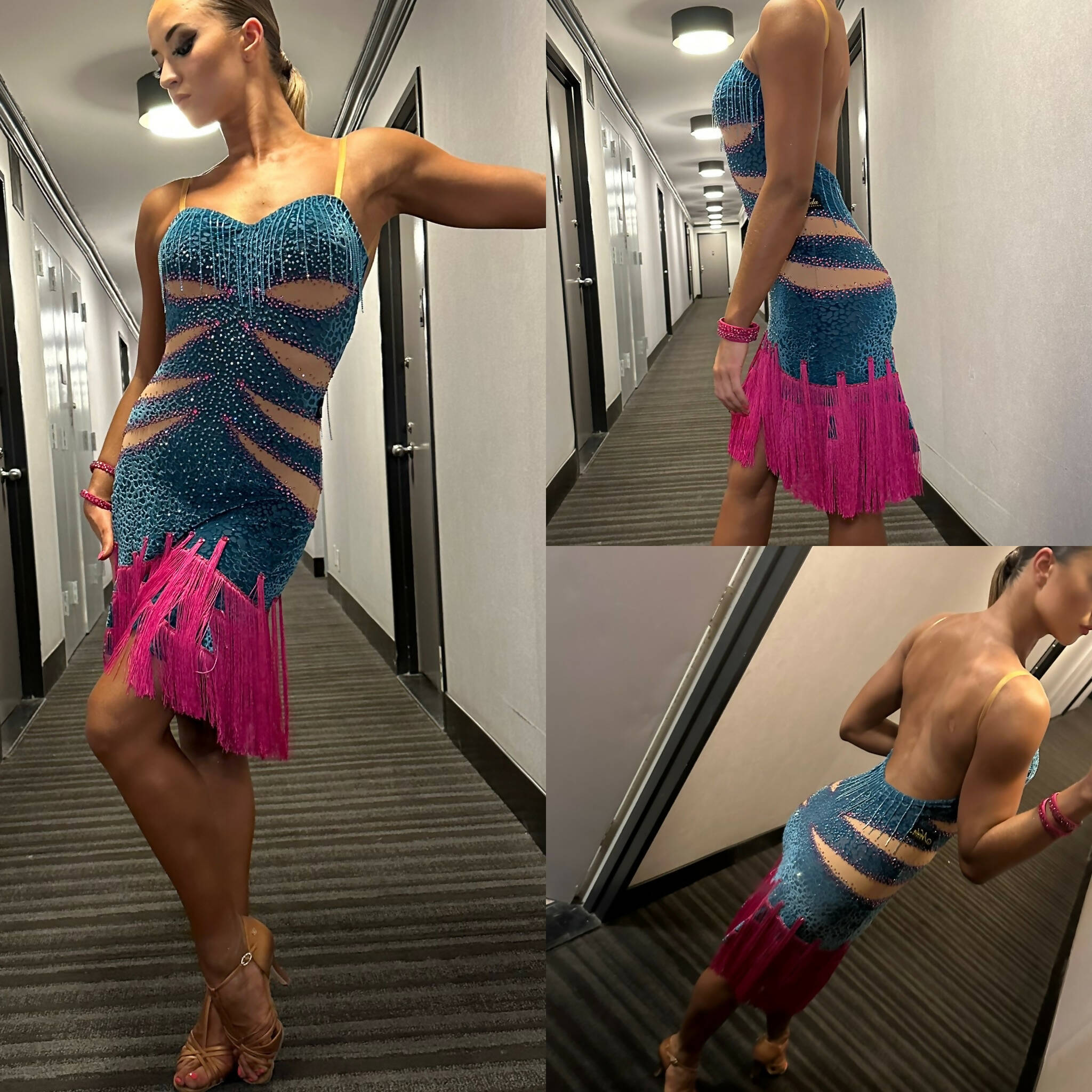 Dazzling Pink & Blue Fringed Latin Dress, latin dress for sale, rhythm dress, latin dresses for sale, dance dress, competition dress, dress by Neda Design
