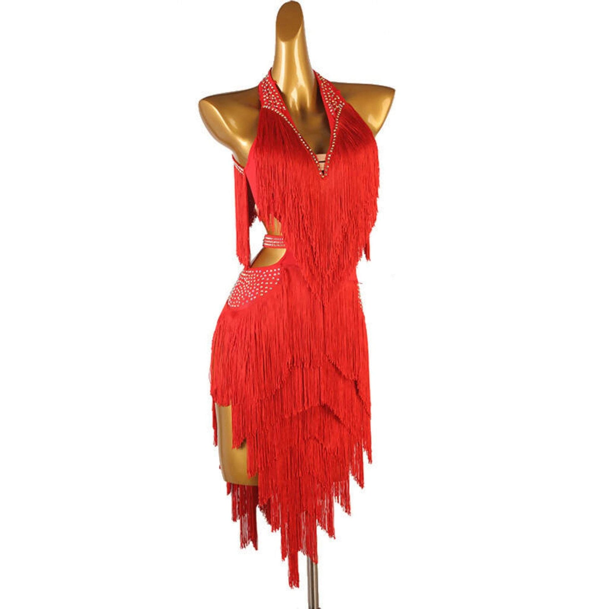 Chromatic Cascade Fringed Latin Dance Dress Red/Blue/Purple
