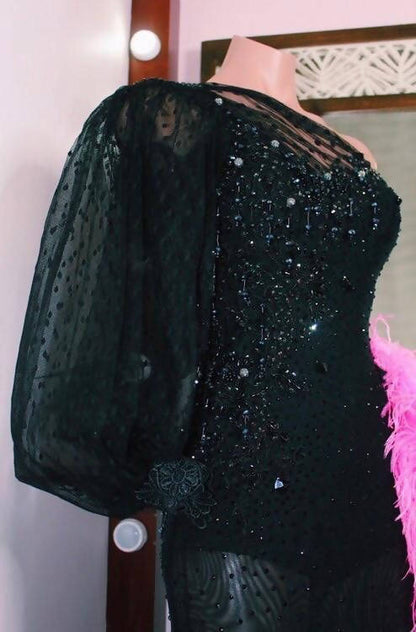 New Black & Pink Standard Ballroom Dress with Feathers (ballroom dress for sale, standard, modern)