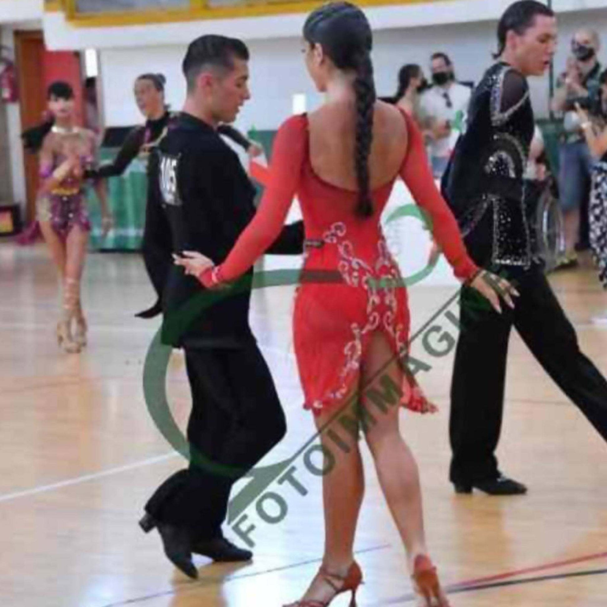 red ballroom dance dress Latin Rhythm Sport LAT- 1069 The front of the dress is doubled with stretch guipure for the smell Dore Design Red Latin Dress