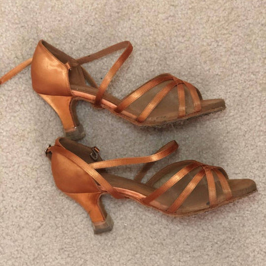 Strappy Tan Satin Latin Dance Shoe, rhythm shoes, dance shoes, shoes for dancing