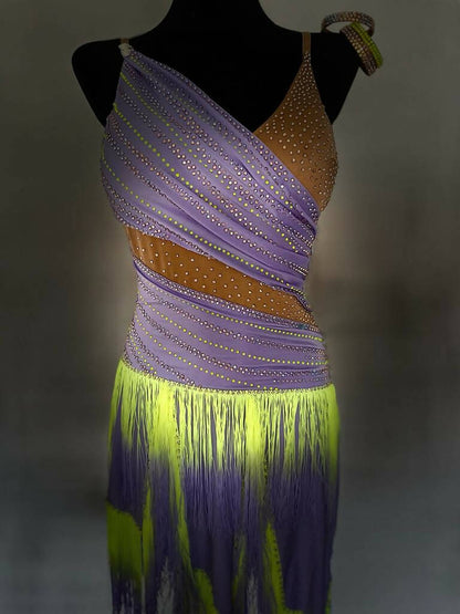 Vibrant Purple & Neon Green Fringed Latin Dress, latin dress for sale, rhythm dress, latin dresses for sale, dance dress, competition dress, dress by Neda Design
