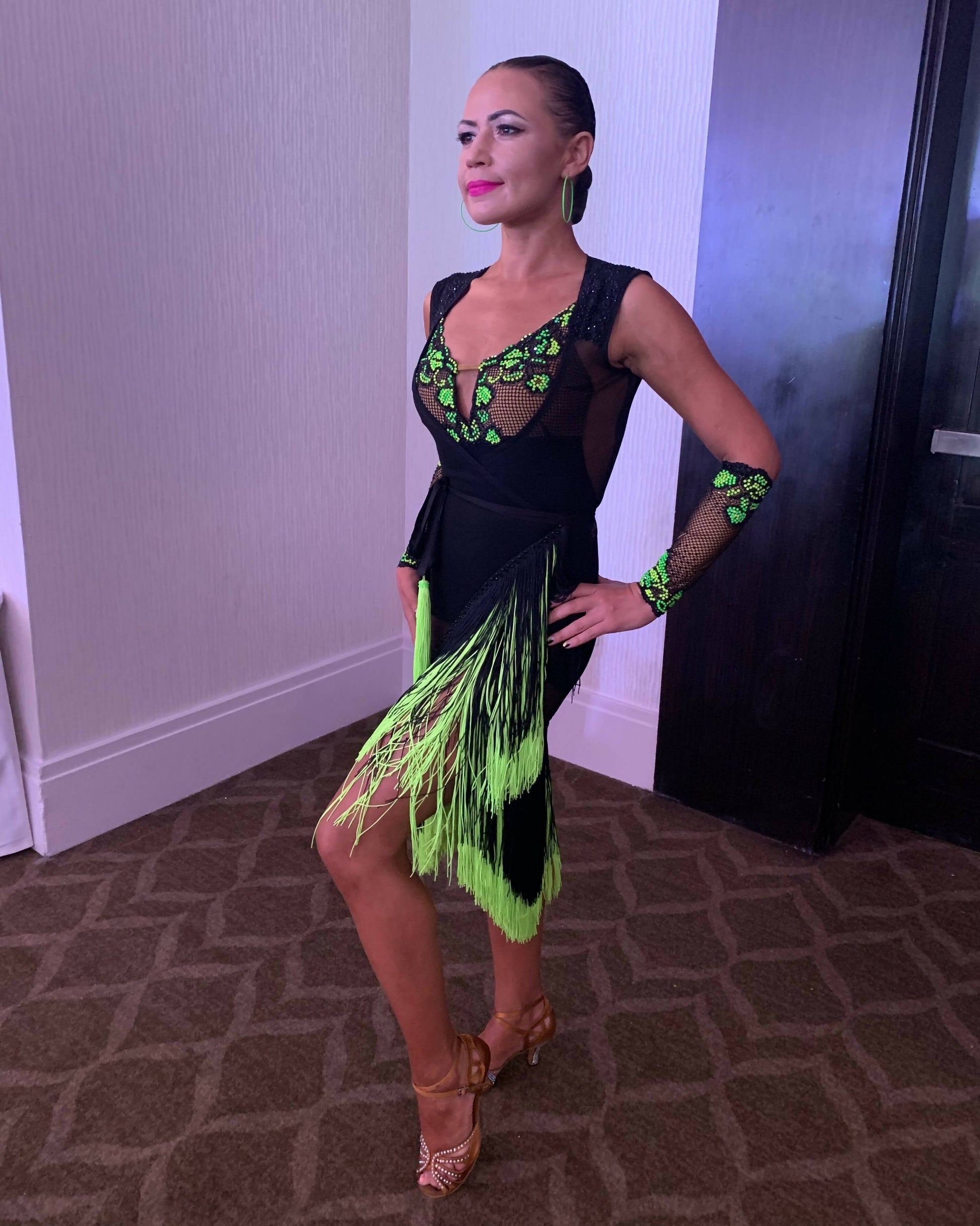 Stunning Black & Neon Green Latin Dress for Shows & Competition,rhythm dresses for sale, latin