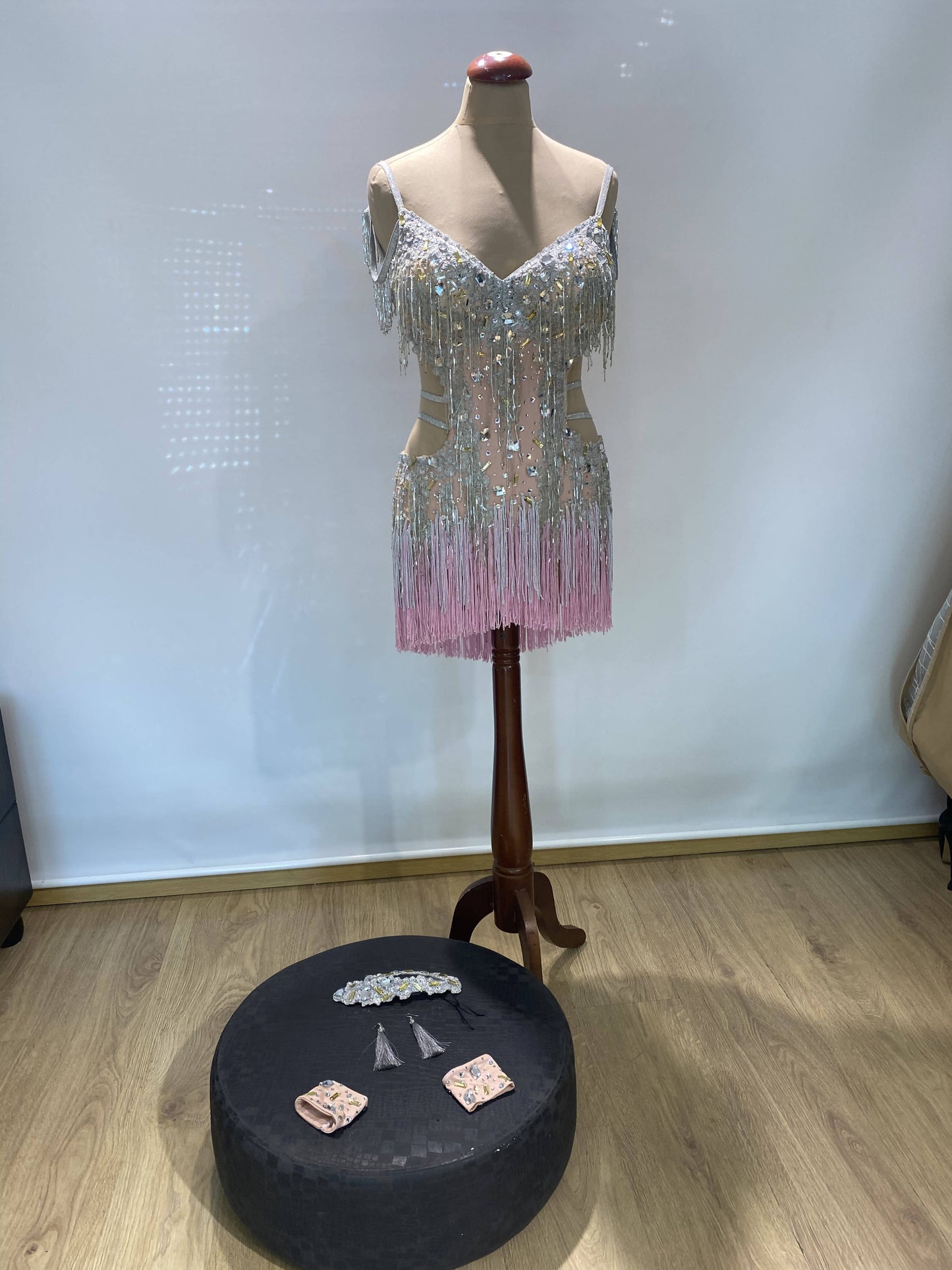 Silver & Pink Latin Dress with Fringe