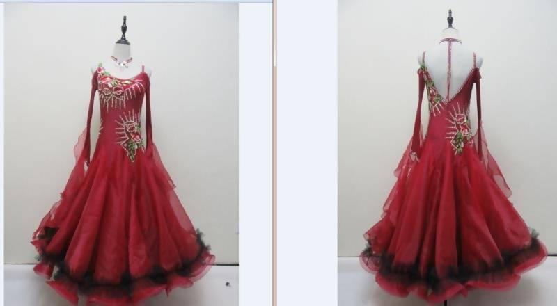 Red Ballroom Competition Dress with Flower Decoration - DDressing