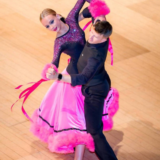Pink & Black Standard Ballroom Dress with Feathers (ballroom dresses for sale, standard, modern)