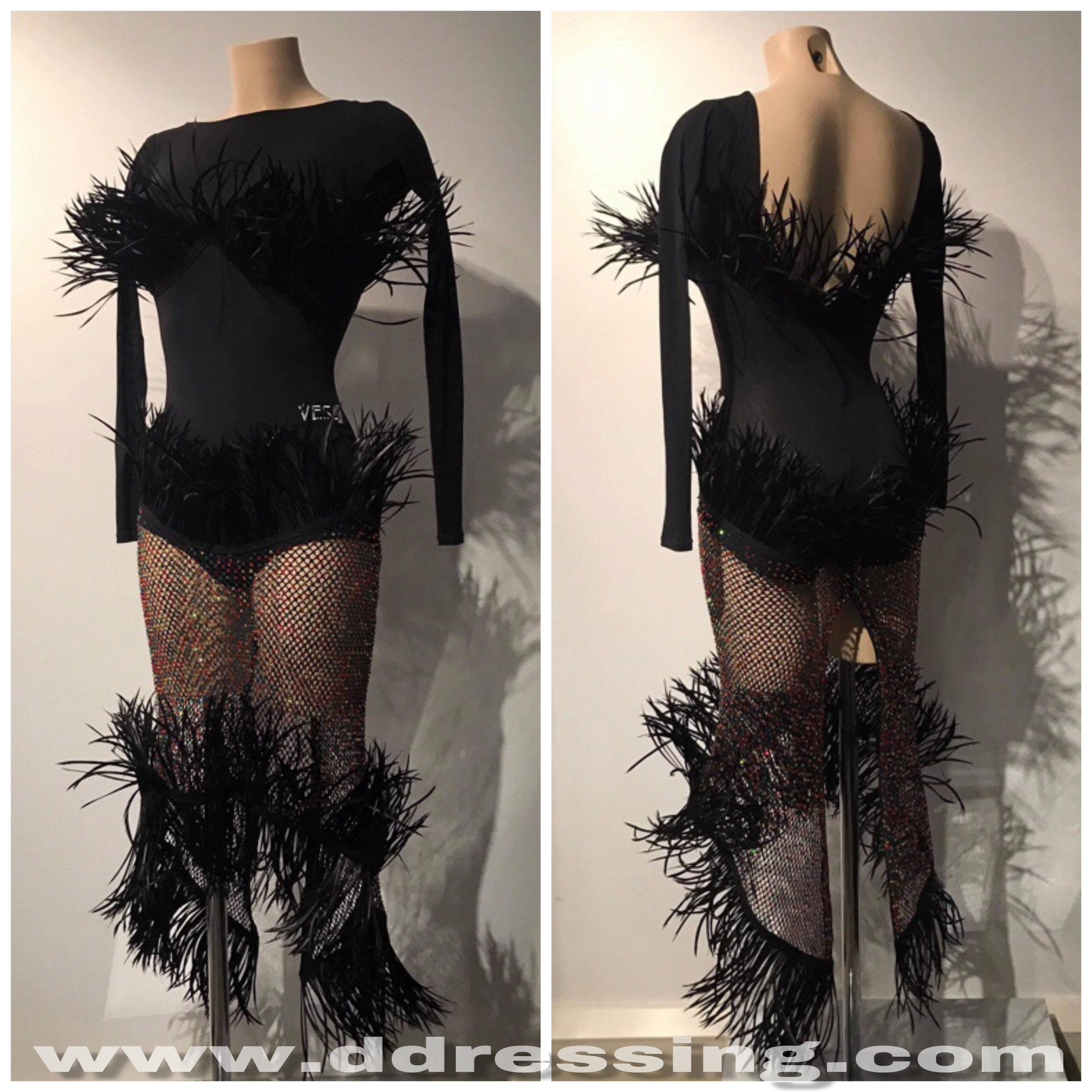 Black Vesa Latin Dress With Feathers (ballroom dresses for sale, latin, dancesport, rhythm)