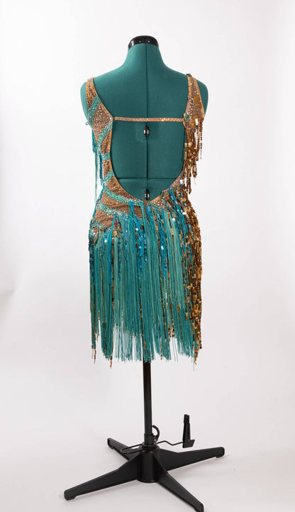 Designs to Shine Gold/Teal Sequin/Fringe Latin Dress